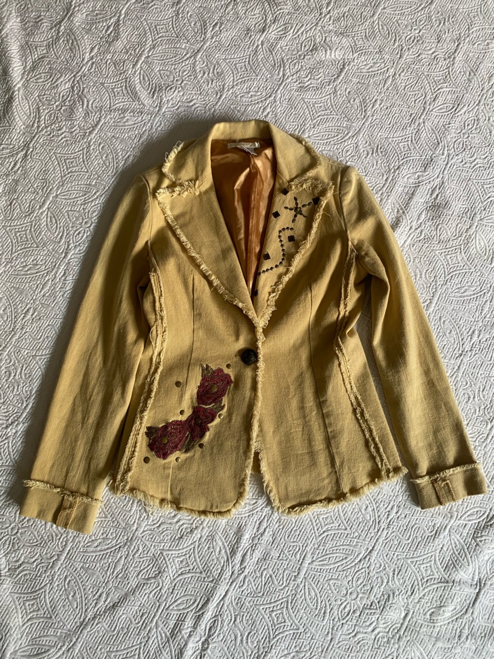 Yellow Frayed Edge Embroidered Women's Jacket